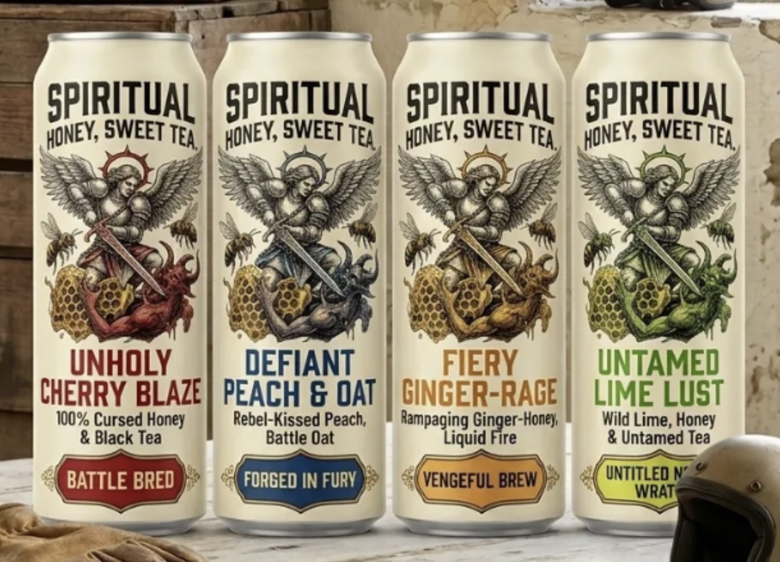 Four cans of Spiritual Honey Sweet Tea — Unholy Cherry Blaze, Defiant Peach & Oat, Fiery Ginger-Rage, Untamed Lime Lust
